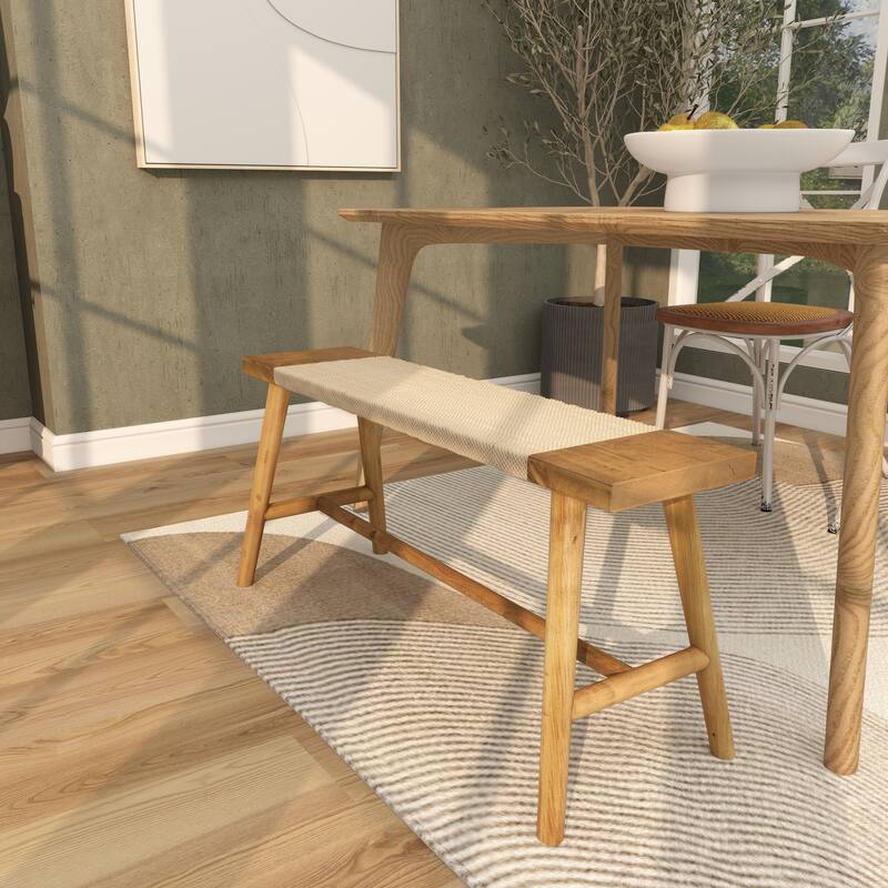 Brown Wood Handmade Traditional Home Bench with Rope Wrapped Seat
