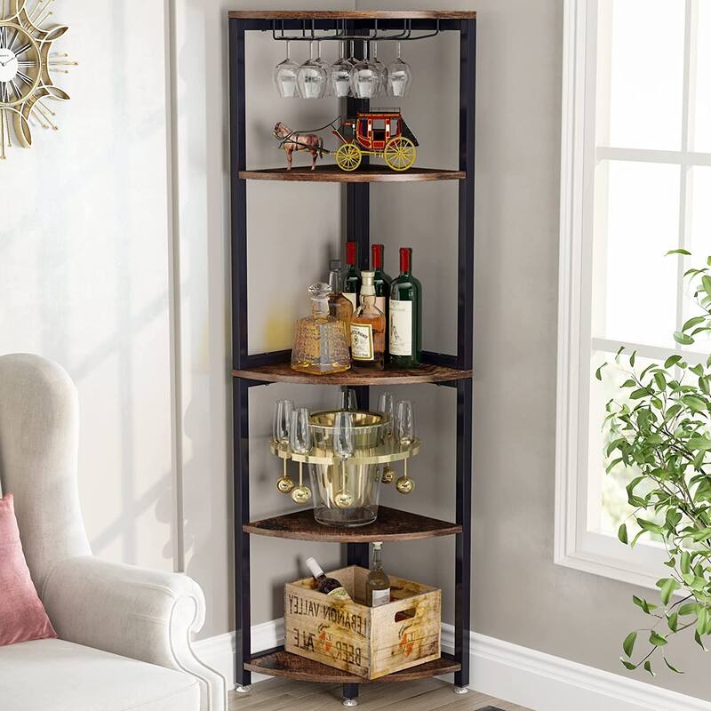 5-Tier Corner Shelf, Corner Bookshelf Small Bookcase with Wine Glass Holder Corner Stand Display Rack for Living Room
