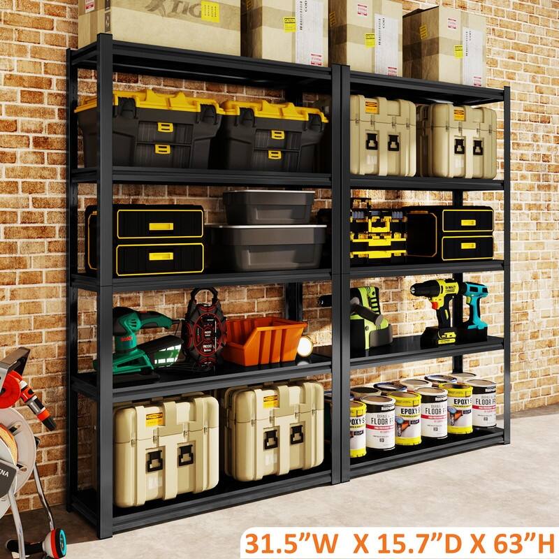 4/5 Tier Adjustable Metal Storage Shelves Bookcase, Black/Natural, 48"/63"H - 63"H - Black+Gray