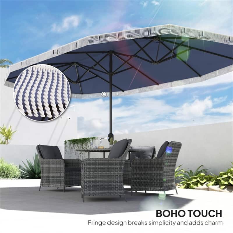 Large 15ft Outdoor Double-Sided Umbrella with UPF30+ Shade and Steel Pole Decorative Fringe