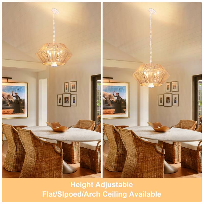 4-Light Dimmable Pendant Light, Paper Rattan Lampshade Candle Chandelier for Living Room with no bulbs included