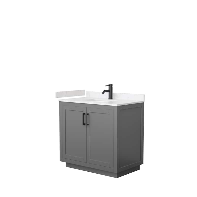 Miranda Single Vanity Set, Cultured Marble Top, No Mirror - 36-Inch Single - Dark Gray, Black Trim, Carrara Cultured Marble Top