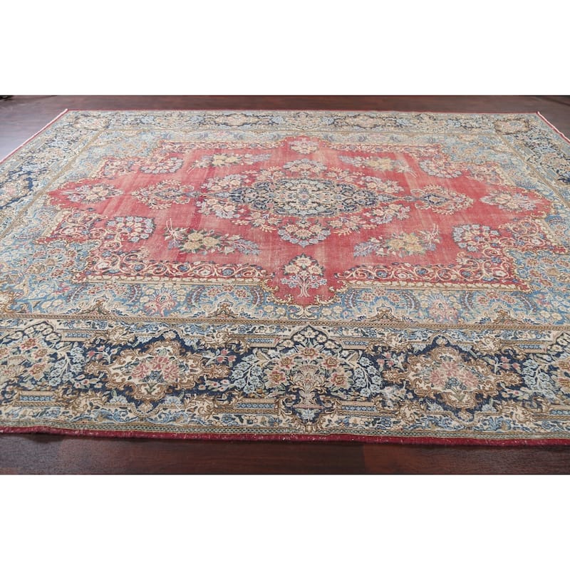Antique Vegetable Dye Floral Kerman Persian Wool Area Rug Hand-knotted - 11'0" x 14'5"