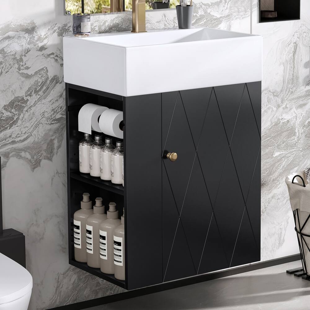 Roomfitters 20" Wall-Mounted Bathroom Vanity with Sink, Diamond Pattern Door, Side Shelves & Towel Bar