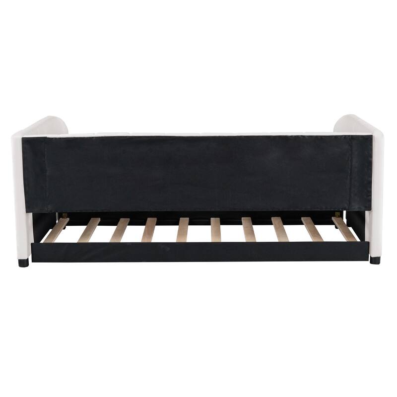 Twin Size Daybed Velvet Upholstered Sofa Bed with Trundle, Wood Platform Slat Support Bed Frame, Striped Tufted Backrest,Beige