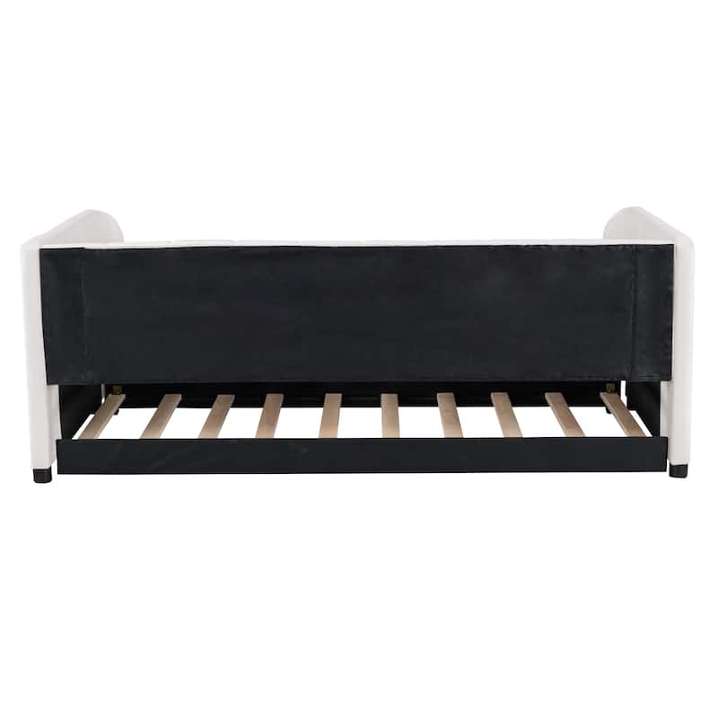 Twin Size Upholstered Daybed with Ergonomic Design Backrest and Trundle, Beige