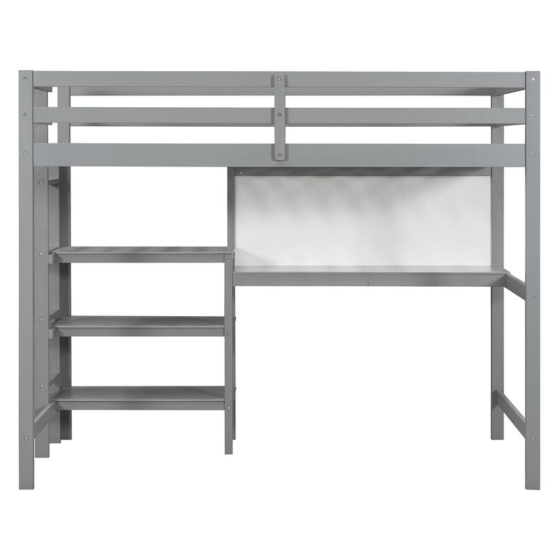 Twin Size Wooden Loft Bed with Built-In Desk, 3-Tier Shelves, Writing Board and Safety Guardrails, Space-Saving Design