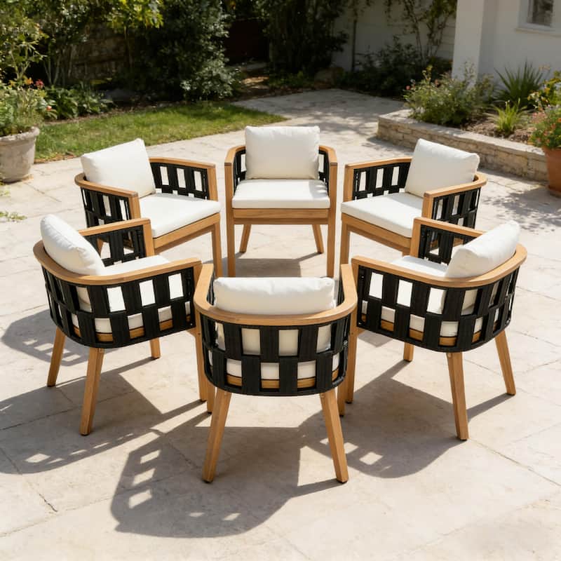 Christopher Knight Home Marrick Patio Acacia Wood Dining Chair with Cream Cushion and Black Flat Rope