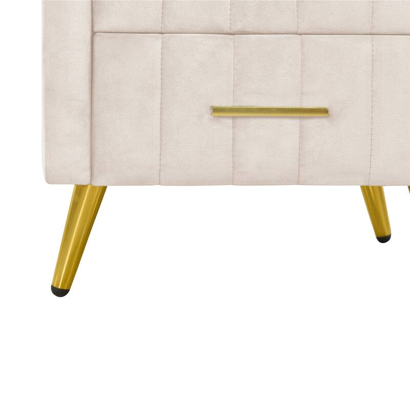 Upholstered Wooden Nightstand with 3 Drawers and Metal Legs & Handles, Marbling Worktop