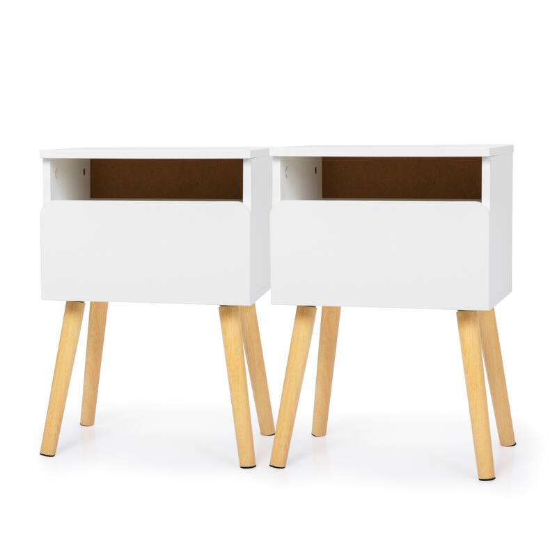 Set of 2 Modern Bedside Table, Nightstand with Drawers and Shelves - White - 1-drawer