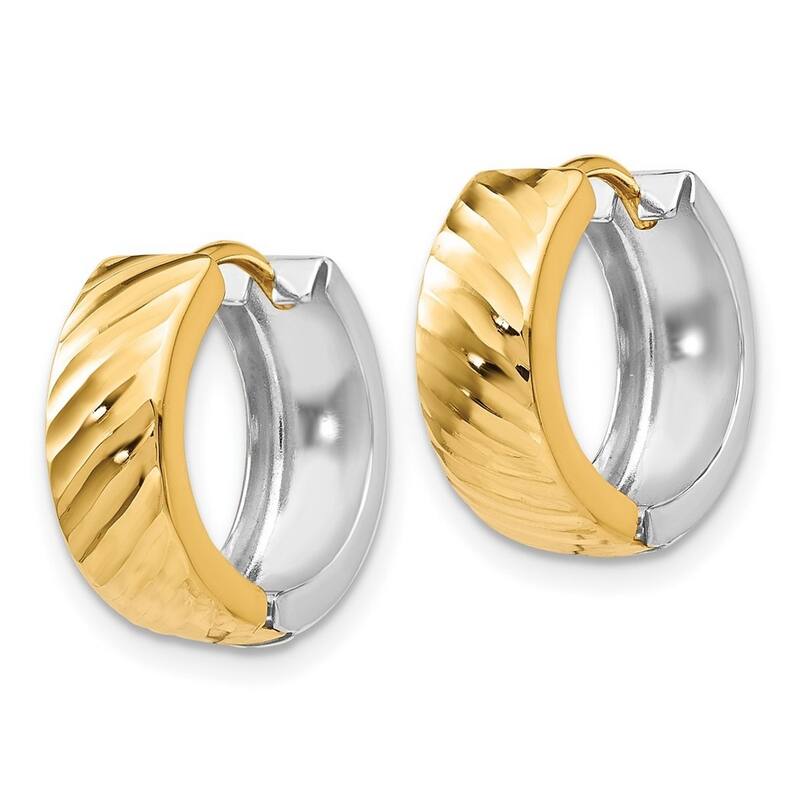 Curata 14k Two Tone Polished Gold Textured 5x14mm Reversible Hinged Huggies Hoop Earrings