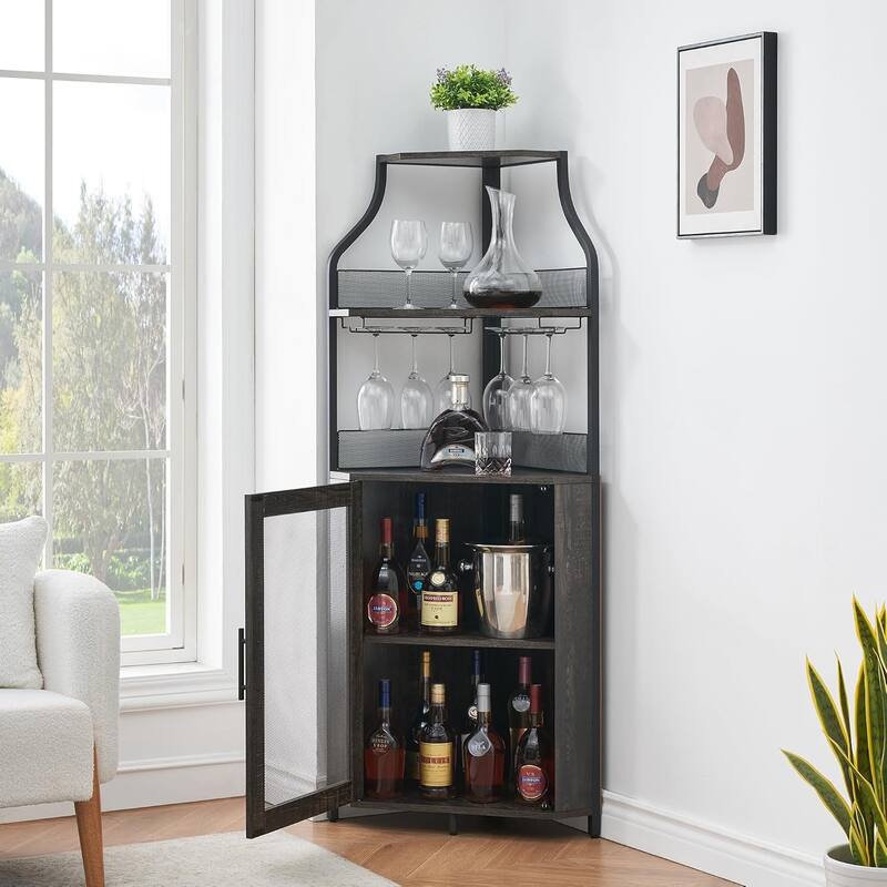 Corner Wine Cabinet with Detachable Wine Rack, 5-Tier Industrial Corner Bar Cabinet - Fire Wood