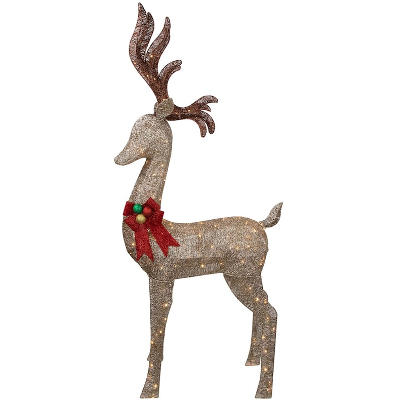 74" LED Lighted Champagne Deer with Red Bow Outdoor Christmas Decoration
