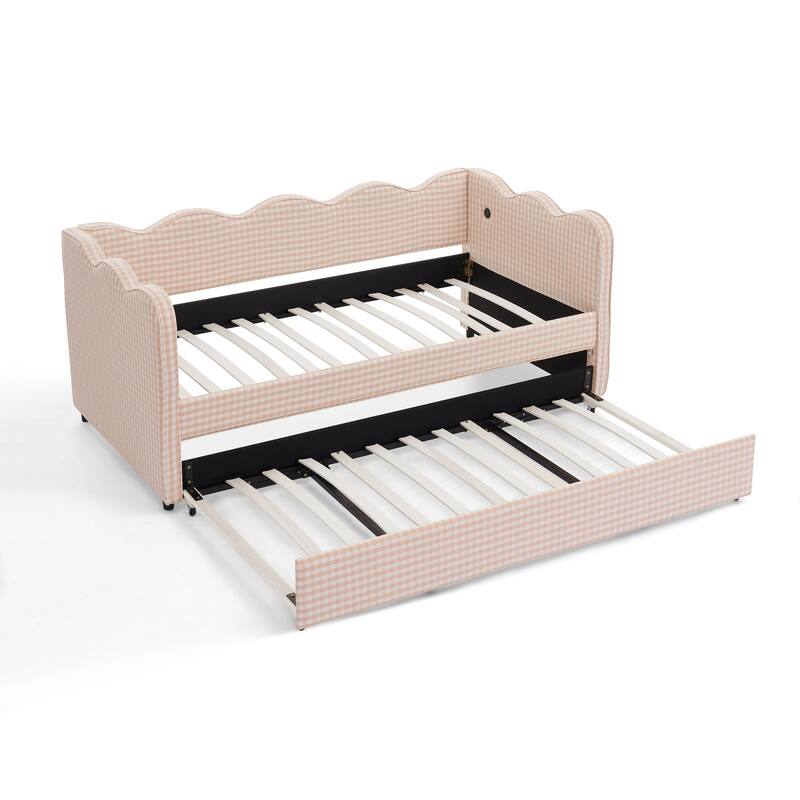Roomfitters Gingham Daybed with Trundle, Twin Upholstered Sofa Bed with USB Port and Wave Edge Design