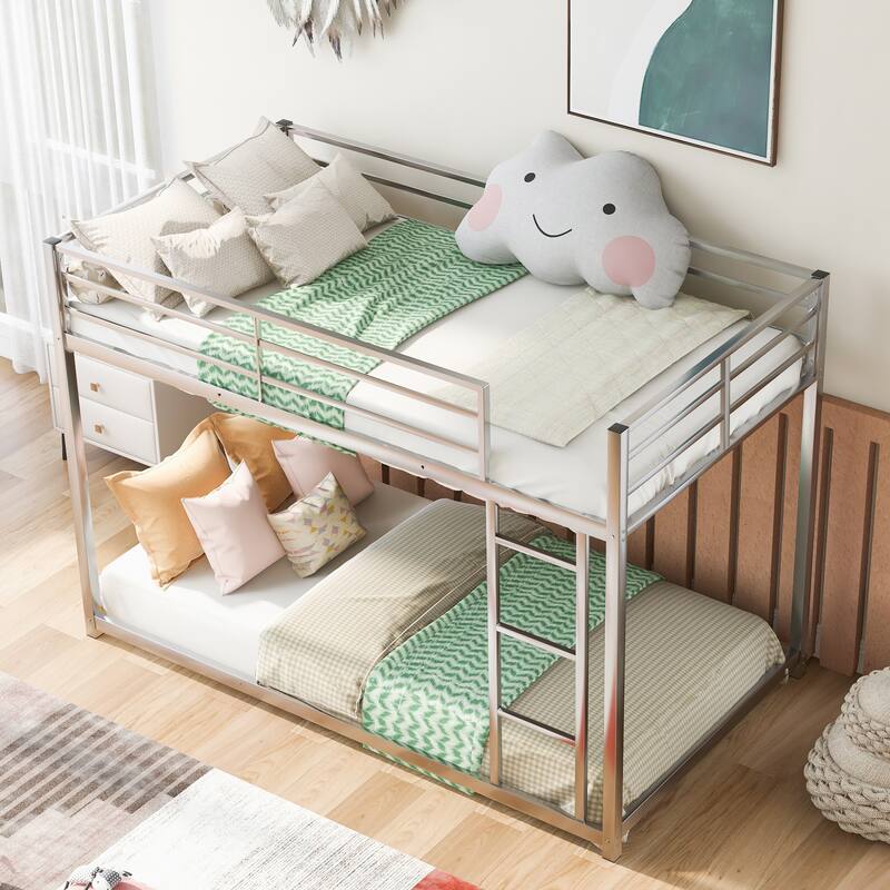Twin over Twin Low Metal Bunk Bed with Ladder, Silver