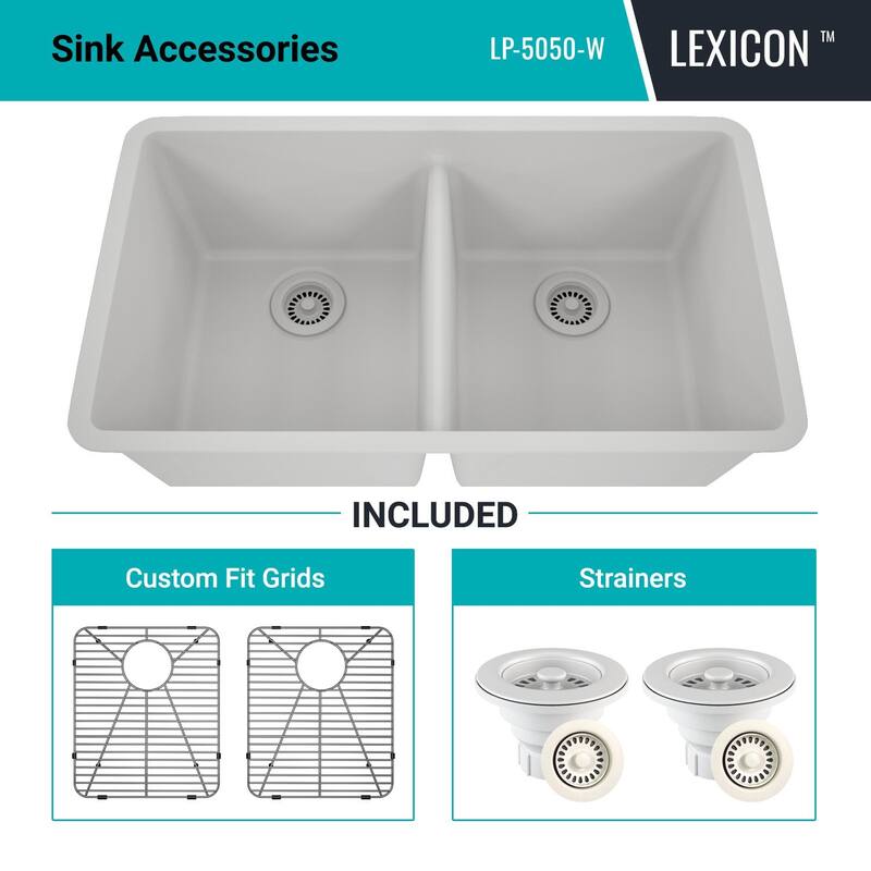 Lexicon Platinum 32" Quartz 50/50 Double Bowl Sink with Grids & Drain