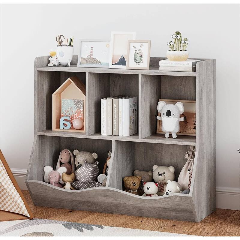 Toy Bookshelf and Bookcase, Multi Shelf with Cubby Organizer Cabinet for Storage Books and Toys - Grey