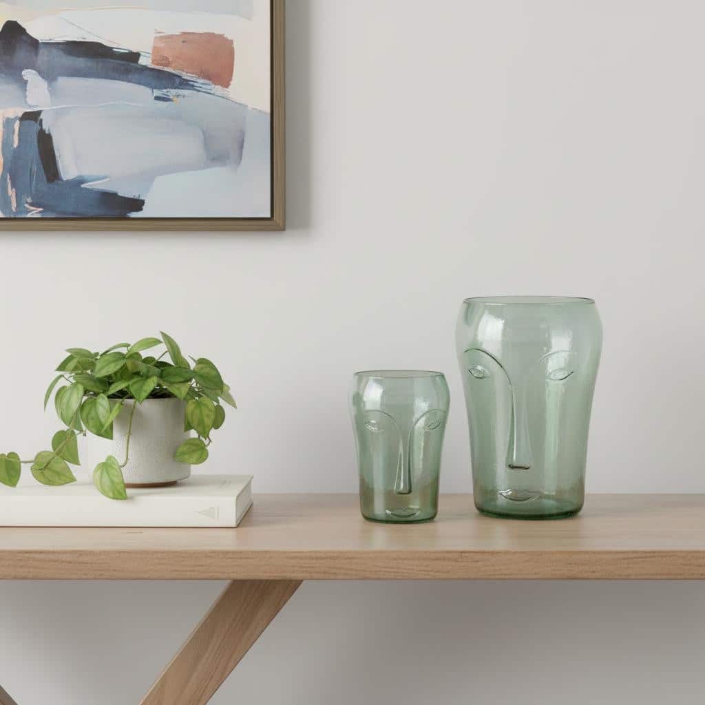 Set of Two Light Green Glass Modern Abstract Faces Table Vases - 8.00