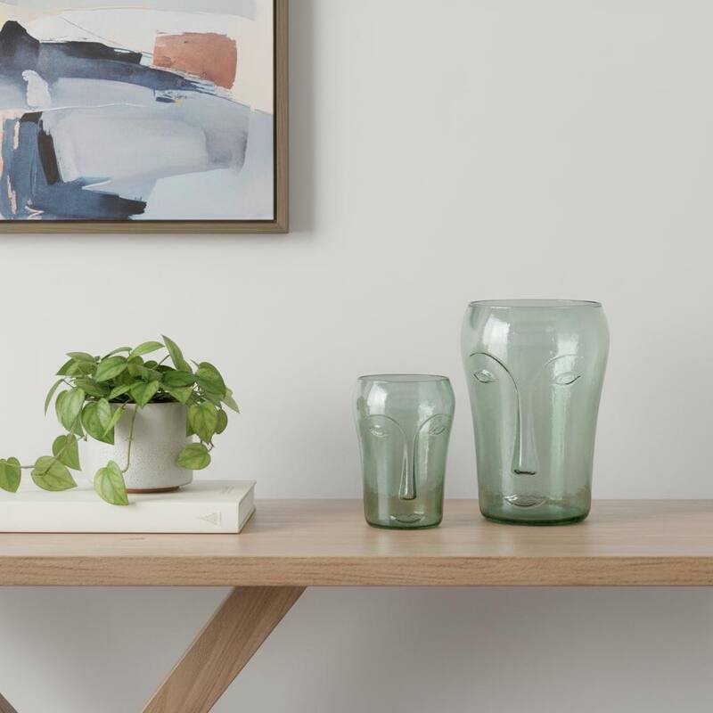 Set of Two Light Green Glass Modern Abstract Faces Table Vases - 8.00 - Light Green - 8.00