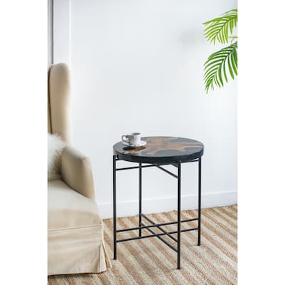 GDFStudio - Modern Side Table with Metal Frame and Round Teak Root Wood Top - 25"