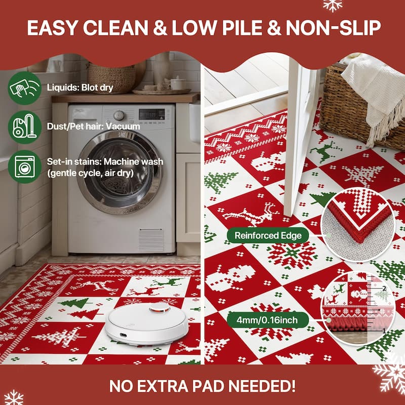 Mcow Christmas Motif Low-Pile Non-Slip Machine-Washable Area Rug