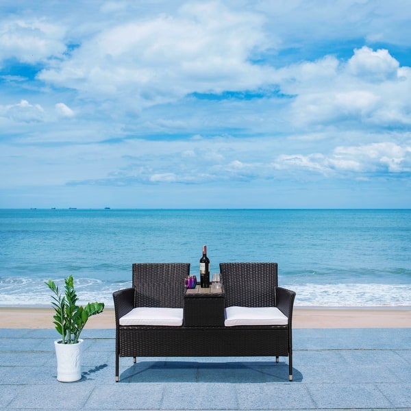 slide 2 of 20, SAFAVIEH Outdoor Viora Wicker Loveseat. - 52" W x 25" D x 33" H Black/White Cushion
