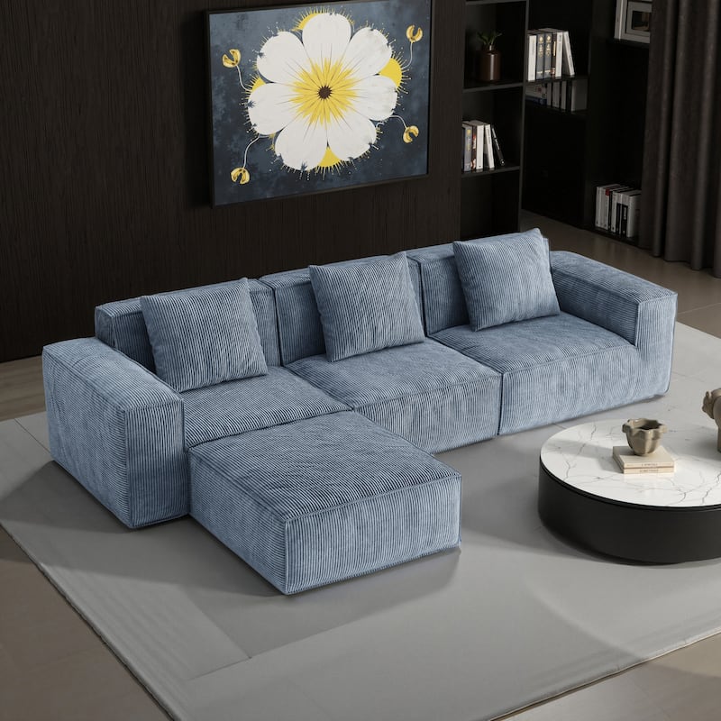 118 Inch Modular Sofa Bed Convertible 3 Seater with Footrest Gray Corduroy Velvet