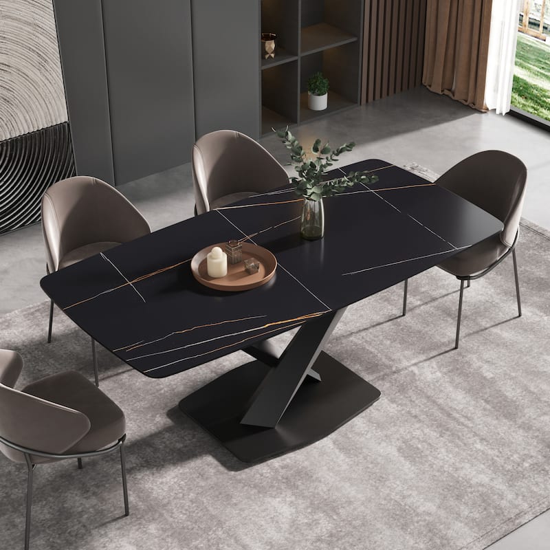 71" Modern Dining Table with Slate Stone Top and Metal Legs, Marble Dining Table - Black