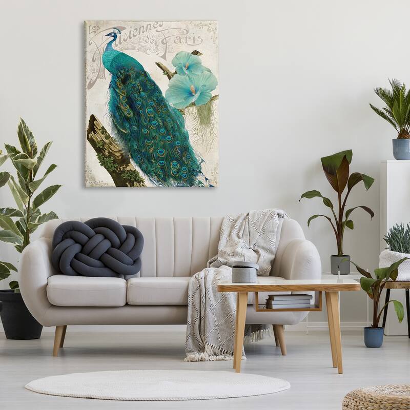 Stupell Vintage Parisian Peacock Patterned Bird Blue Hibiscus Flower Canvas Wall Art - Green
