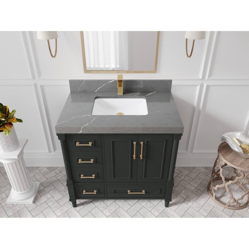Willow Collections 36 in. W x 22 in. D Aberdeen Center Right Offset Sink Bathroom Vanity with Countertop - 2”Piatra Gray - Black top