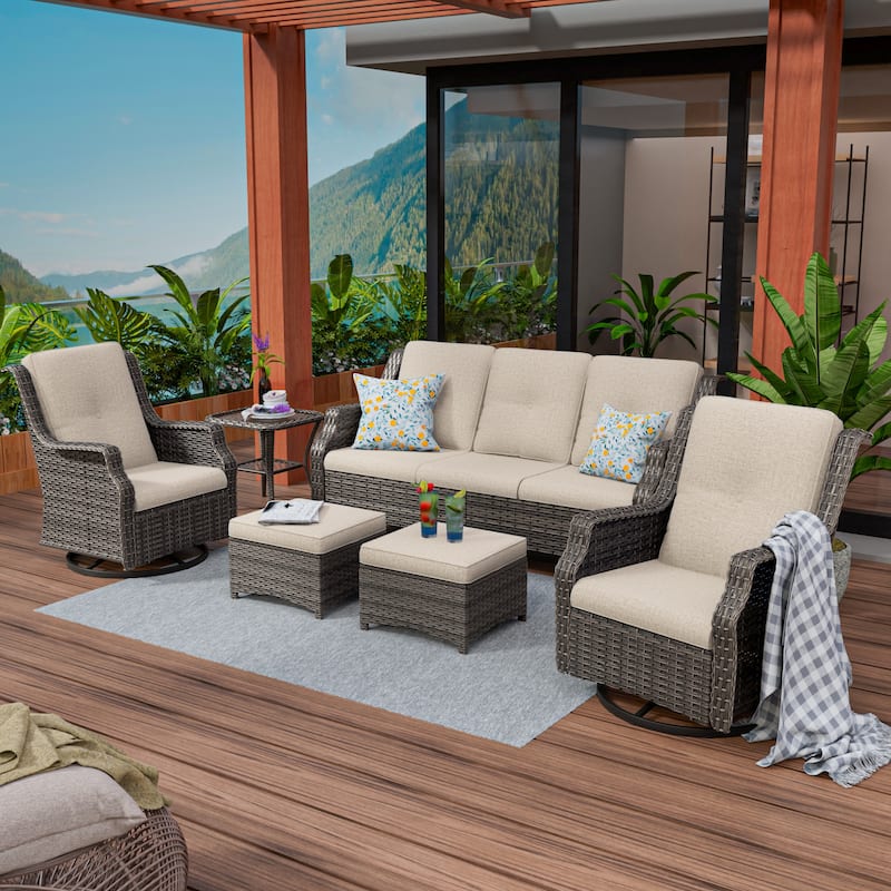 Cozywor 6-Piece Outdoor Patio Swivel Rocking Wicker Conversation Lounge Chairs with Side Table and Ottoman