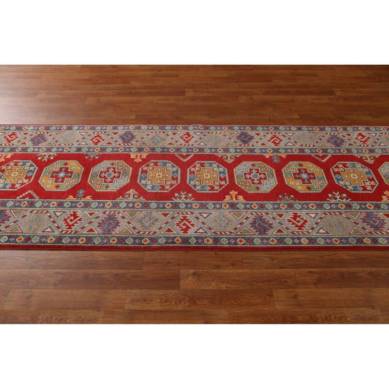 Geometric Kazak Oriental Hallway Runner Rug Hand-knotted Wool Carpet - 2'9" x 9'7"
