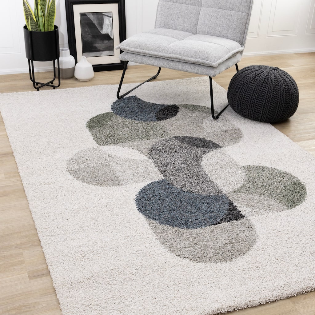 Mariah Grey Blue Green Overlapping Ovals Area Rug, 5'3" x 7'7"
