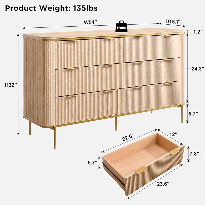 Modern Fluted 6 Drawers Dresser for Bedroom, 54" Dresser TV Stand