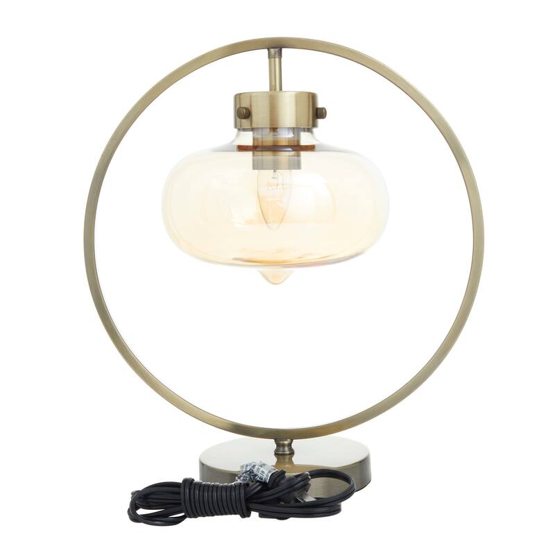 Gold Metal Circular Framed Accent Lamp with Hanging Glass Shade