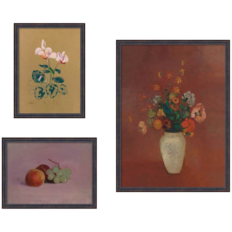 Kate and Laurel Cyclamen, Still Life Fruit, & Bouquet Vase Odion Redo 3 Piece Framed Wall Art Print by Nostalgia Prints - 3 Piece Set 15x20/24x32 - Bronze