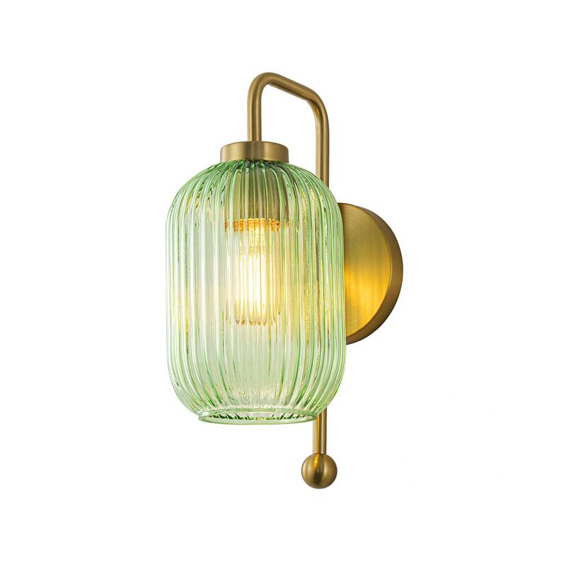 1-Light Green Striped Lantern Glass Wall Sconce - 5.5" W × 8.3" D × 13" H