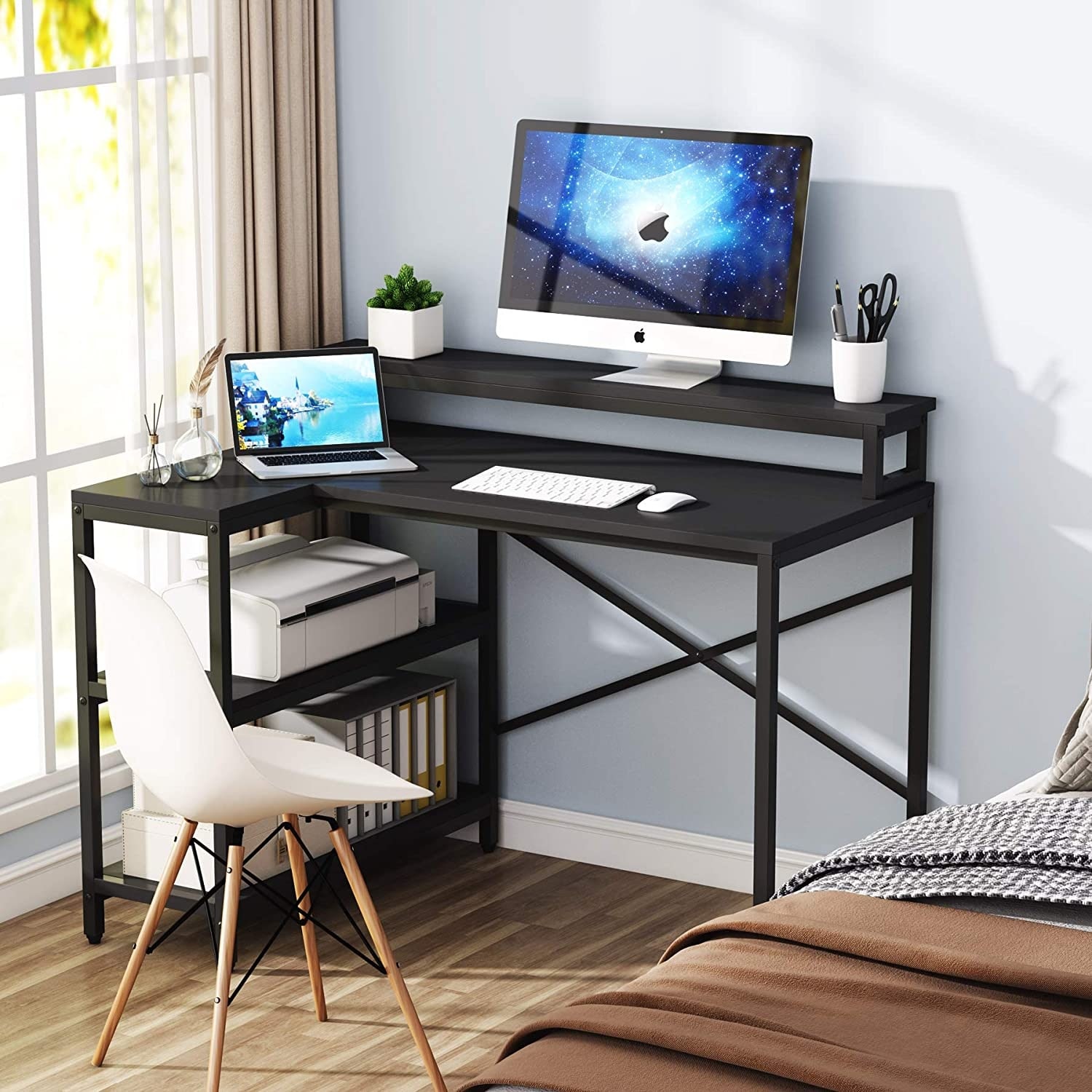 L Shaped Computer Desk with Storage Shelves - On Sale ...