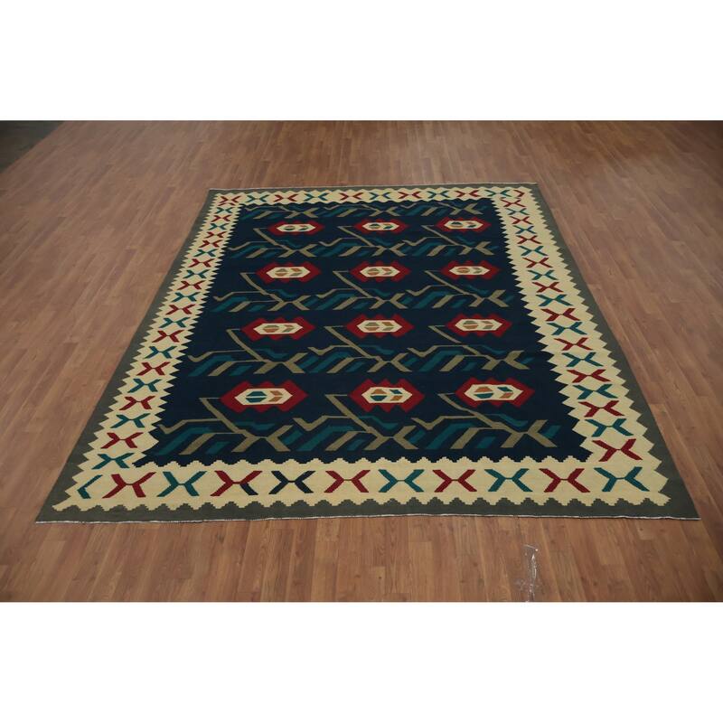 Hand Woven Oriental 100% Wool Carpet Southwestern Tribal Navy Blue & Blues Kilim Area Rug - 9' 11'' X 8' 2''