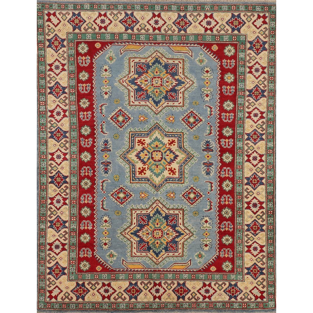 Light Blue Kazak Rug Handmade Geometric Wool Carpet - 4'10" x 6'1"