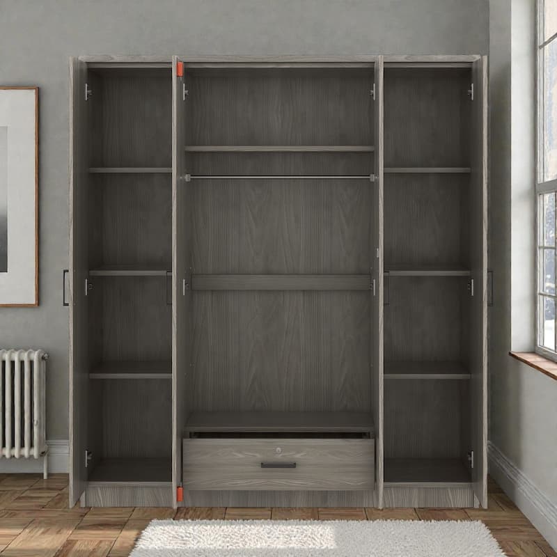 4 Door Wardrobe Closet with Drawer and Hanging Rail, Modern MDF Bedroom Armoire Storage Cabinet