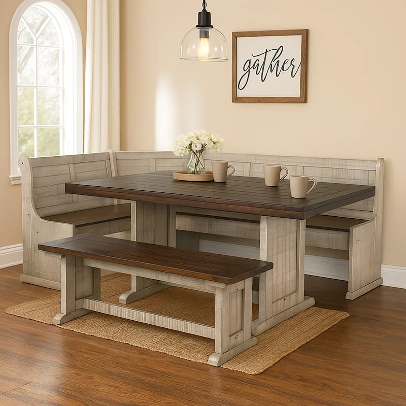 Camie 4pc Corner Breakfast Nook Set, Gray Brown Dining Table and Bench
