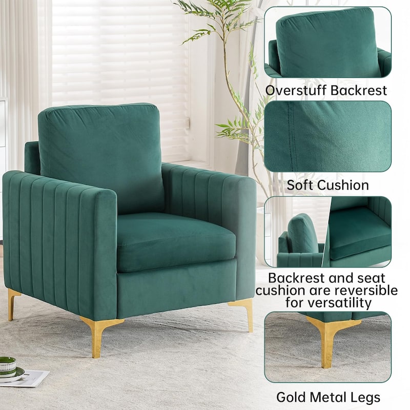 Modern Velvet Accent Chair for Living Room & Bedroom Comfy Reading Armchair with Gold Metal Legs