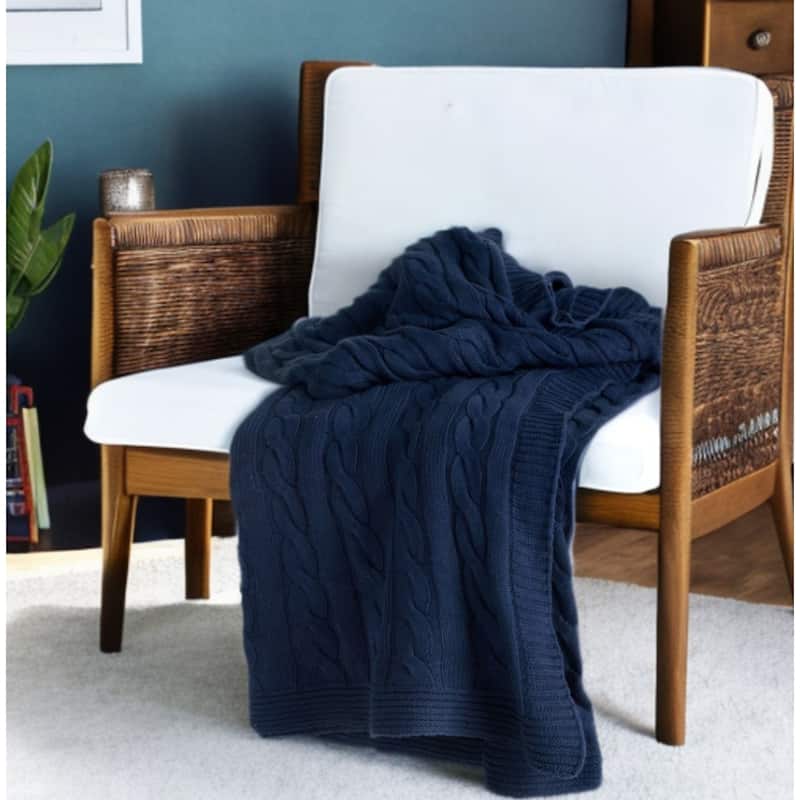 HomeRoots Blue Knitted 100% Cotton Throw Blanket - Throw - Blue