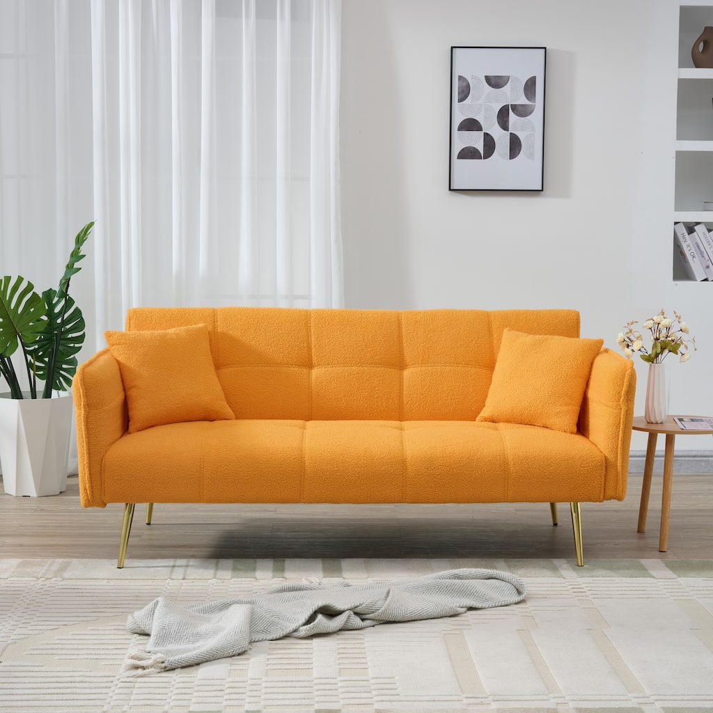 Convertible Sofa Couch Sleeper Sofa with Adjustable Backrest, Yellow Velvet Folding Sofa Bed with Wood Frame