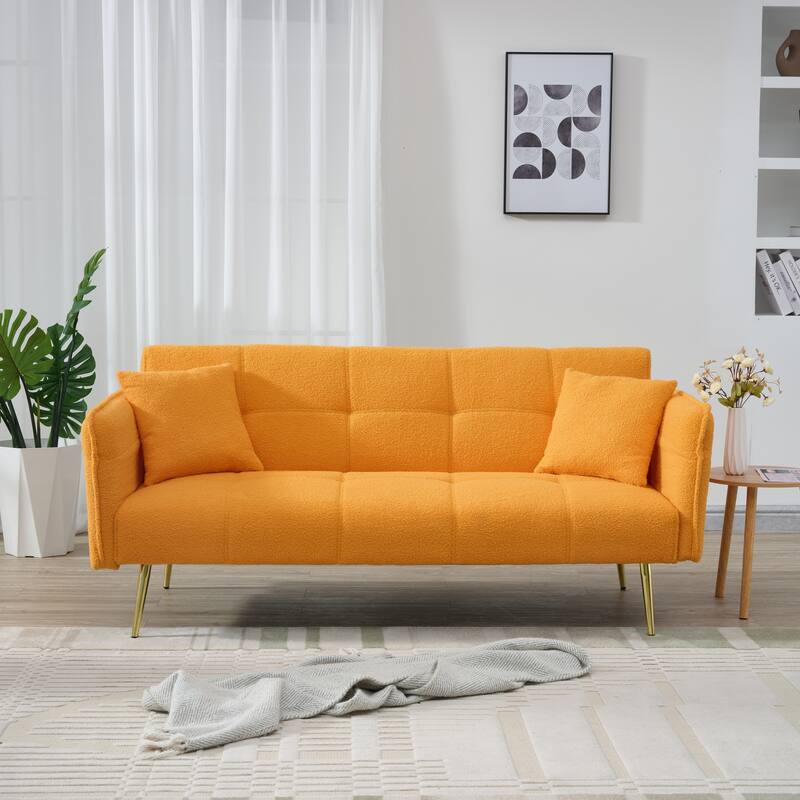 Convertible Sofa Couch Sleeper Sofa with Adjustable Backrest, Yellow Velvet Folding Sofa Bed with Wood Frame - Yellow