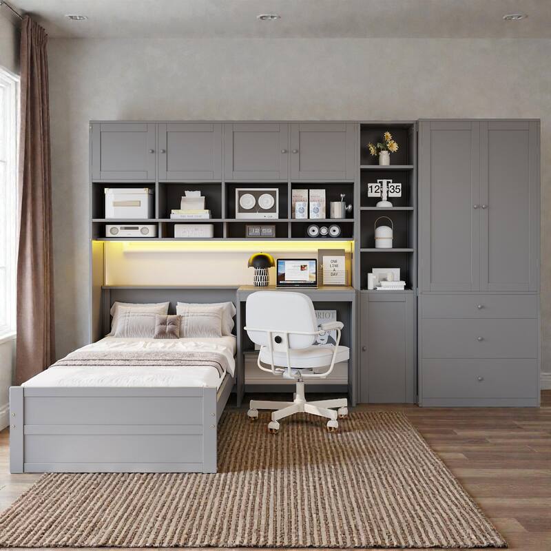 Twin Size Wooden Platform Bed with Desk and Storage, LED Light, Wardrobe Cabinets Drawers and Shelves - Grey - Twin