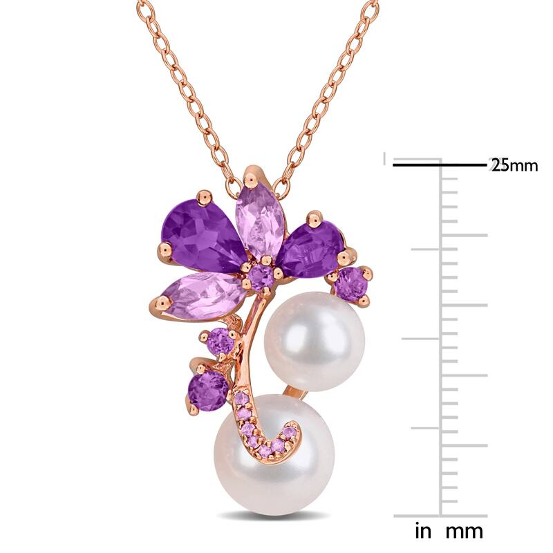 Miadora Cultured Freshwater Pearl 2ct TGW African Amethyst Rose de France Necklace in Rose Plated Sterling Silver