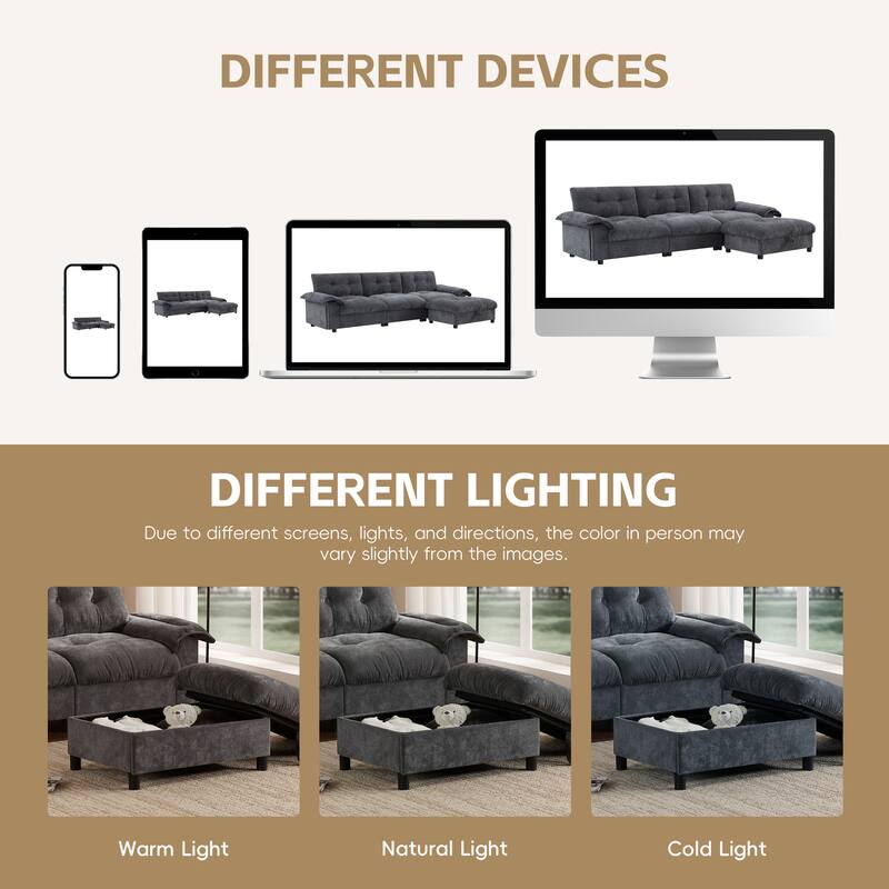 Chenille Tufted L-Shape Sectional Sofa with Storage Ottoman, Pockets and All-in-one Armrest with Dual-Port Charging, Cup Holder