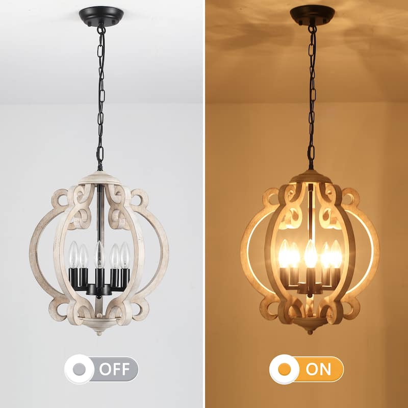 15.75“ 5-Light Rustic Pendant Light, Wood Ceiling Light Farmhouse Shabby Chic Chandelier, Classic Semi Flush Mount Chandelier